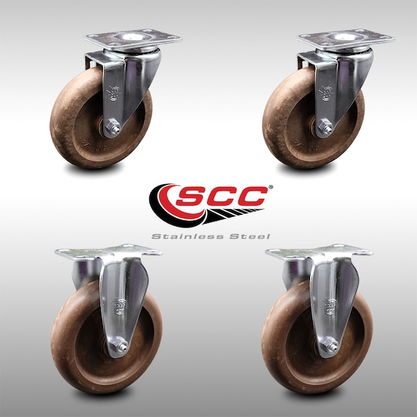 5 Inch SS High Temp Glass Filled Nylon Swivel Top Plate Caster Set with 2 Rigid